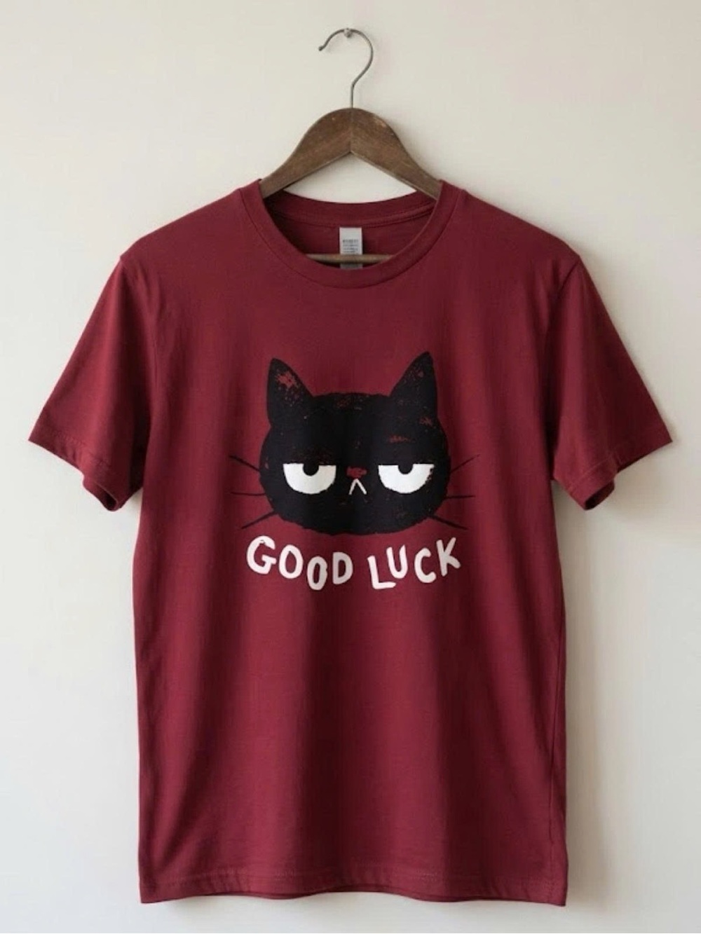 Gildan Burgundy Short Sleeve Tee with Black Cat Graphic | Unisex Shirt